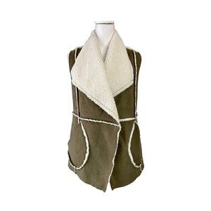 Caslon Faux Shearling Suede Reversible Vest Drape Lapel Olive Green Ivory, Sz XS